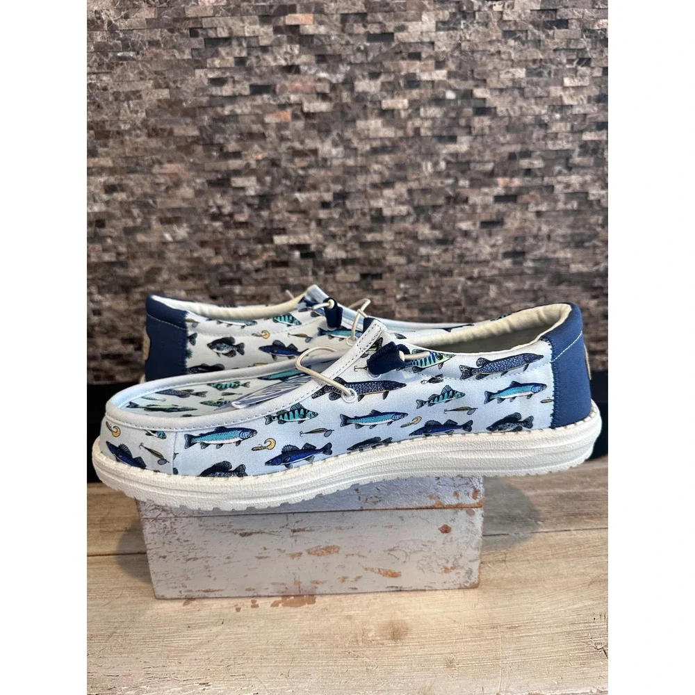 Hey Dude Wally Fish Lure Light Blue Canvas Slip On Loafers Mens 15 40624-450 NEW